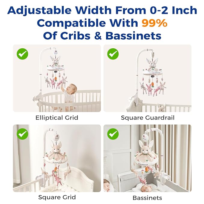 Evoceler Crib Mobile, Baby Mobile with 3 Modes Rotating Music Box, 35 Lullabies, Bluetooth, 128MB TF Card & Detachable Teether Bunnies, Quiet Rotating Motor, Sturdy 3-Point Installation, Nursery Decor