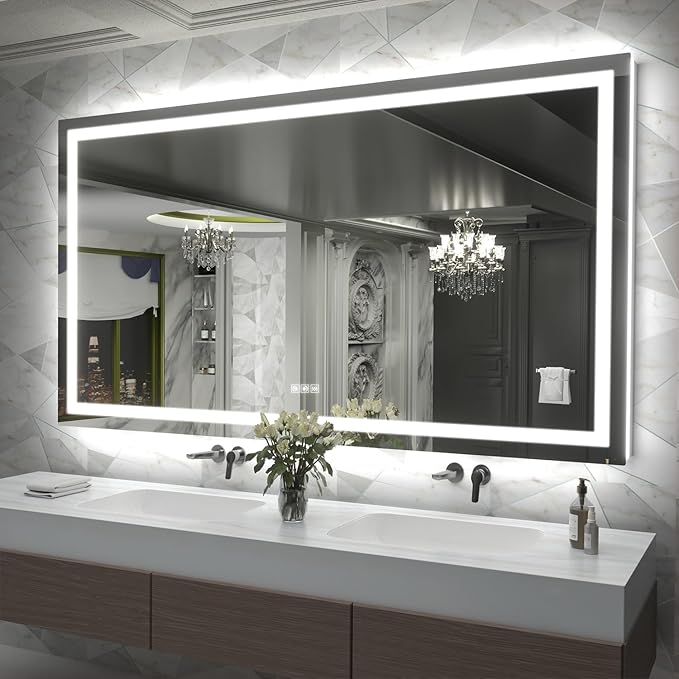 LED Mirror for Bathroom, 72x40 Inch Backlit + Front Lighted Bathroom Vanity Mirror with Lights for Wall, Double Light Strips, 3 Colors, Shatter-Proof, Anti-Fog and Brightness Memory