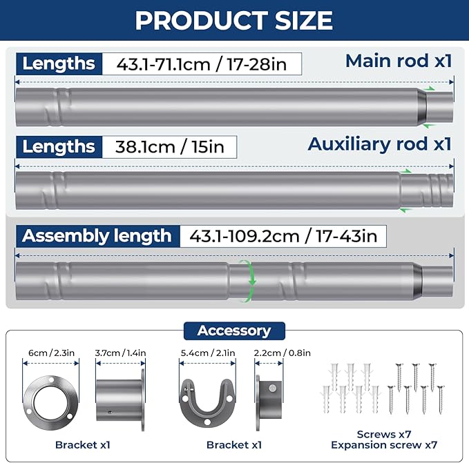 Mavivegue Closet Rod, 17 to 43 Inch Adjustable Closet Rods for Hanging Clothes, Silver Hanging Rod for Closet Wardrobes Laundry RV, Bathroom