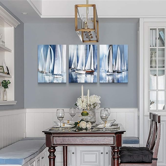 3 Piece Framed Canvas Wall Art For Living Room Bathroom Bedroom Wall Art Decor Ocean Landscape Sailboat Abstract Canvas Painting Ready To Hang Office Home Decoration Sea Poster Pictures Wall Artworks