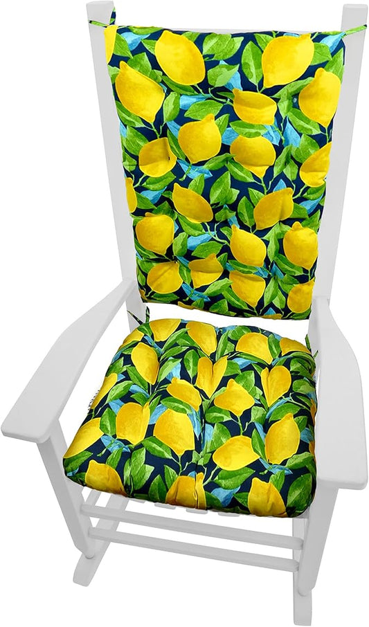 Barnett Home Decor Outdoor Rocking Chair Cushions - Lemons Blue Mediterranean Size Extra Large Rocker Cushions - Set of 19 x 19 Seat and 18 x 23 Back - Waterproof Fade Resistant