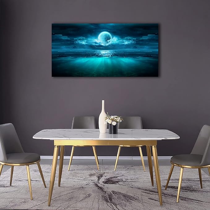 Full Moon Ocean Waves Wall Art Moon Night Canvas Pictures Dark Teal Blue Seascape Canvas Art Landscape Prints Artwork for Living Room Bedroom Bathroom Ofiice Kitchen Home Wall Decoration 20" x 40"