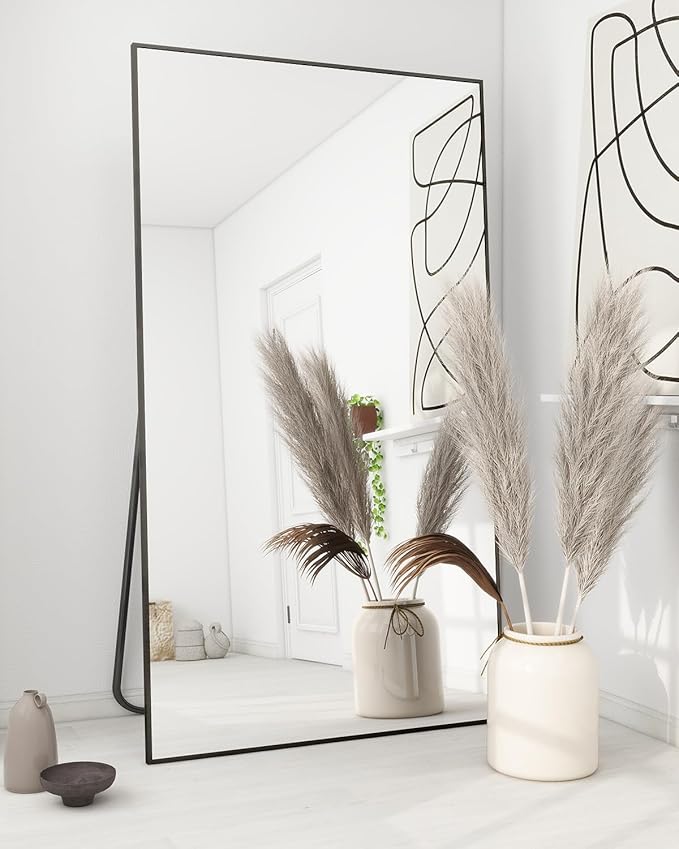 Koonmi Large Mirror Full Length 34"x76", Floor Body Mirror with Stand, Metal Frame Wall-Mounted Vanity Mirror, Hanging Leaning or Standing, Black