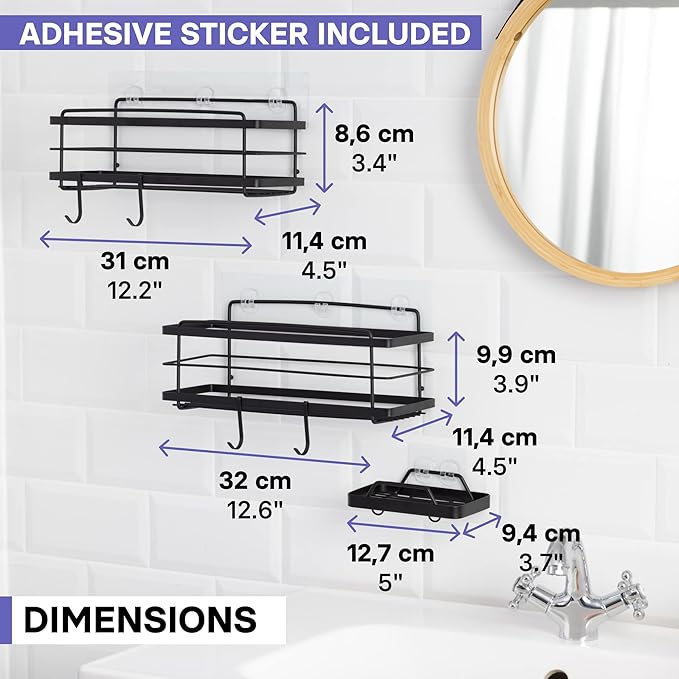 KINCMAX Premium Shower Caddy with Soap Holder, 2-Pack Adhesive Shower Organizer, No Drill Bathroom Shelves, Rustproof Stainless Steel Shelves for Inside, Shower Storage Rack, Matte Black