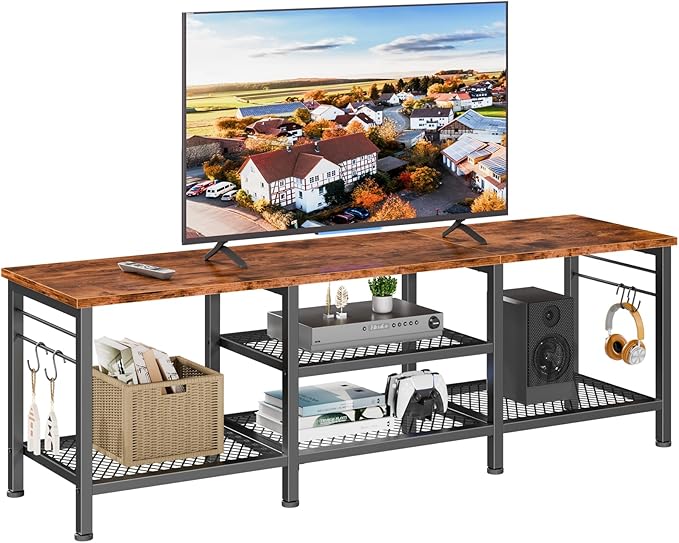 Furologee TV Stand for TVs up to 65 Inch, Entertainment Center with Open Storage Shelves, 55 Inch Television Stands with Soundbar Shelf for Living Room, Bedroom, Rustic Brown
