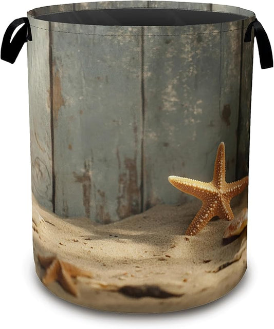 Large Laundry Basket,Sand Starfish Collapsible Laundry Baskets,Wood Board Waterproof Oxford Hamper with Handles for Bathroom Bedroom Nursery Home Storage 16"x20"