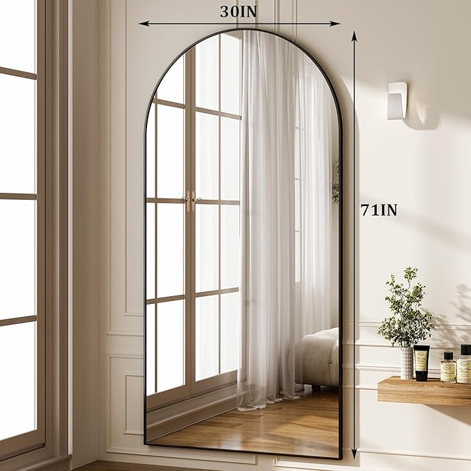 HARRITPURE 71"x30" Arched Full Length Mirror Free Standing Leaning Hanging Mounted Mirrors Aluminum Frame Modern Simple Home Decor for Living Room Bedroom Cloakroom, Black