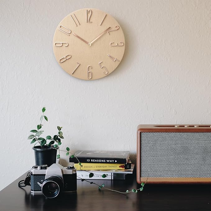 Faupugh 12 inch Silent Wall Clock, Battery Powered Wall Clock Decoration Clock, Suitable for Home, Office, School, Kitchen, Bedroom, Living Room (Beige)