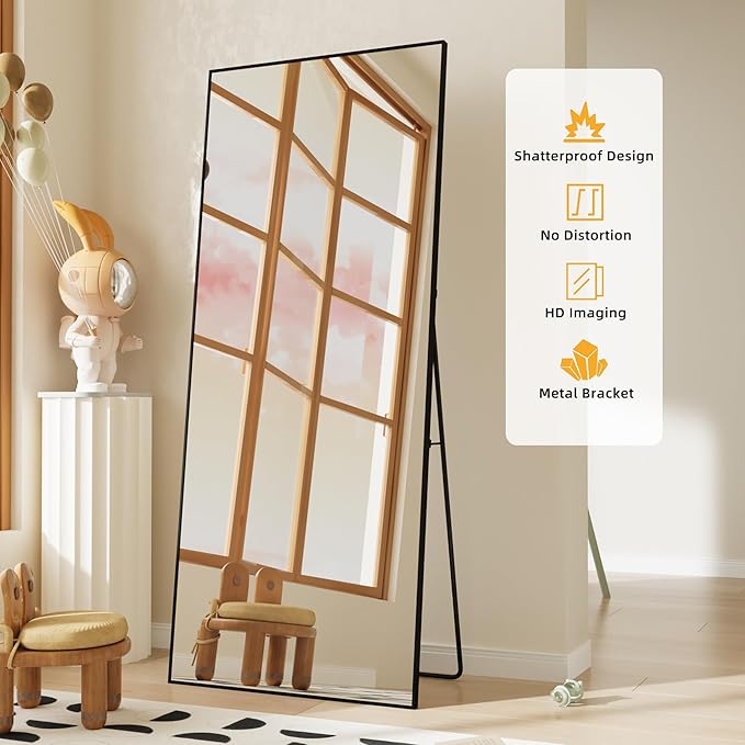 FANYUSHOW Full Length Mirror, Standing Hanging or Leaning Body Mirror, Simple Rectangle Design, Aluminum Alloy Thin Frame, Floor Mirror for Bedrooms, Bathrooms, Living Room 63"x18" (Black)