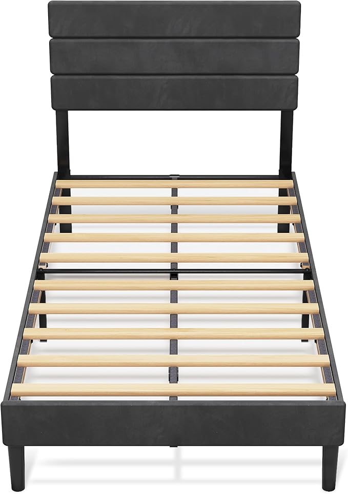 WLIVE Twin Size Upholstered Bed Frame, Velvet Square Tufted Headboard, Sturdy Metal & Wooden Slats Support, No Box Spring Needed, Light Grey