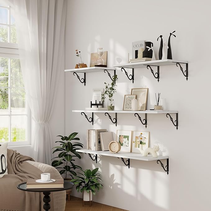 Deep Floating Shelves, 48" W x 12" D Wall Shelves Set of 2, Wide Display Shelf Wall Mounted with Brackets, Bookshelf for Living Room, Bathroom, Bedroom, White