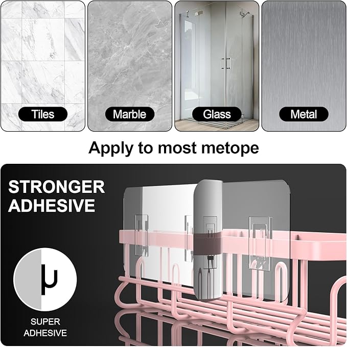 2025 New Adhesive Shower Caddy, Shower Shelves with 16 Hooks, Pink 2 Pack