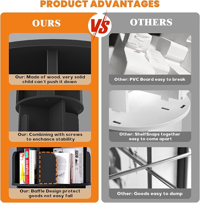 Rotating Bookshelf, Wood Corner Bookshelf, 360 Display Spinning Bookcase Storage Rack, 4 Tier Floor Standing Revolving Bookcase Narrow Book Shelf Organizer for Small Space, Bedroom, Black