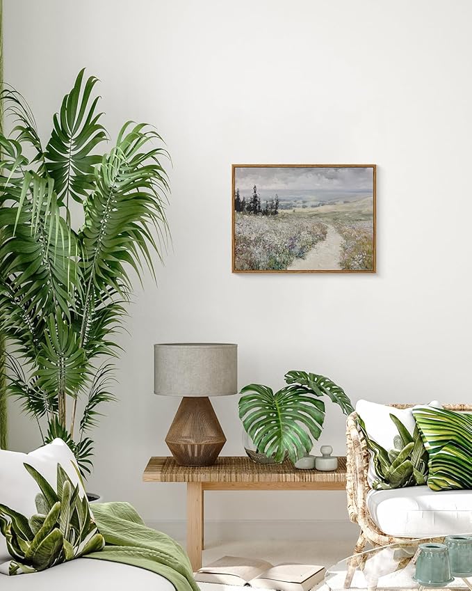 InSimSea Framed Wall Art for Living Room Vintage Landscape Decor Meadow Path Flowers Paingting Wall Decor Aesthetic Cloudy Farmhouse Art Canvas Print Home Decor for Bathrrom, Bedroom Décor 12x16In