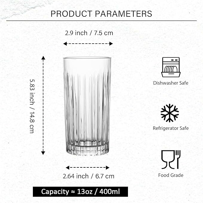 Highball Glasses Set of 6 - Drinking Glasses 13 Ounce - Collins Tall Beverage Cups Glassware for Water Drinks, Beer, Soda, Cocktail