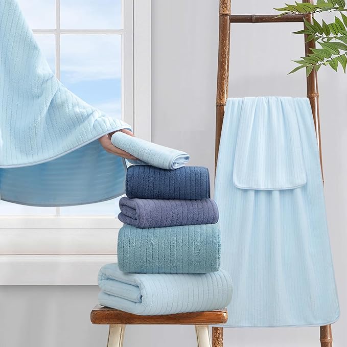 18 Piece Bath Towels Set,Super Soft Family Bathroom Towel Set with Hanging Loops-6 Bath Towels,6 Hand Towels,6 Washcloths,Highly Absorbent Quick Dry Shower Towel for Bathroom,Hotel,Spa-Blue Towel Set