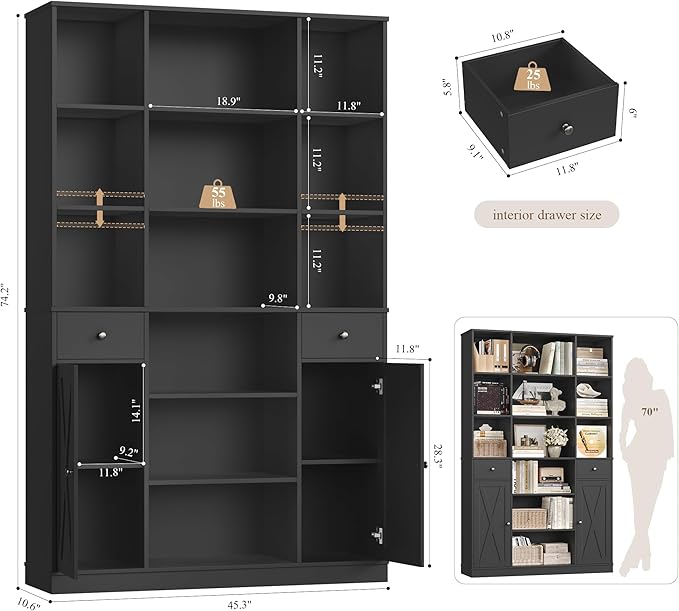 HOSTACK 74" Tall Book Shelf and Bookcase, 45" Wide Bookcase with Doors and Drawers, Modern 6 Tier Bookshelf with Storage, Large Wood Display Cabinet with Adjustable Shelves for Home Office, Black