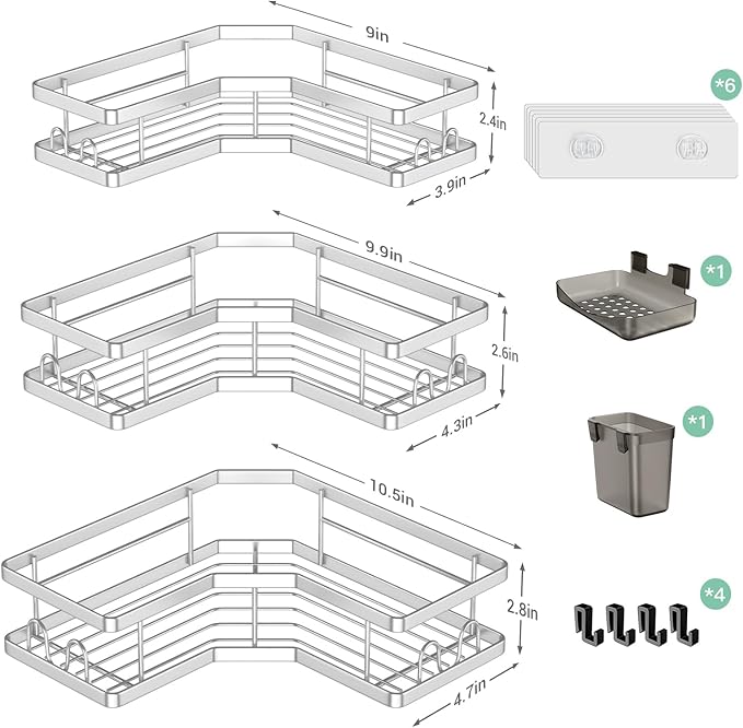 Corner Shower Caddy Bathroom Organizer: Adhesive Shower Rack Bathtub Shelves - 3Pack No Drilling Shower Shelf For Inside Shower - Stainless Steel Rustproof Bathroom Stuff