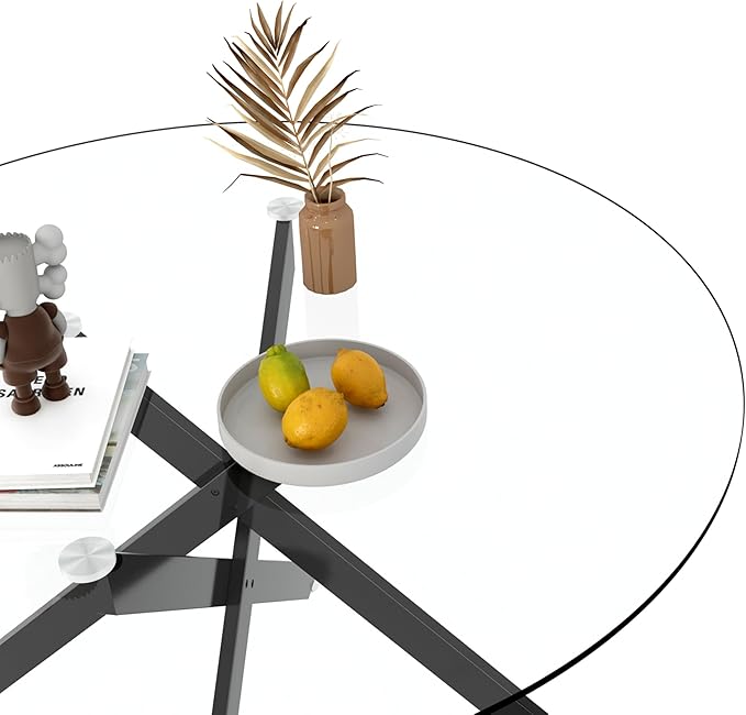 47.24" Round Glass Dining Table Modern Kitchen Glass Top Table for 6 with Black Metal Legs, Clear Dining Table Kitchen Table for Home Office Dining Room