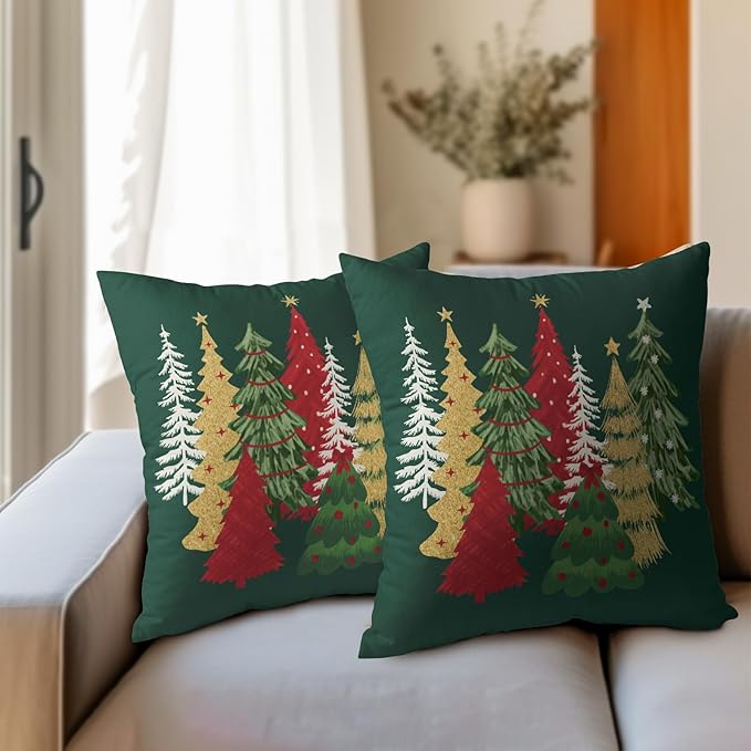 Kawani Christmas Green Decorative Pillow Covers 24x24 Inch Set of 2 Christmas Tree Outdoor Throw Pillow Covers Winter Xmas Holiday Pillowcases Cushion Covers for Home Couch Christmas Decor