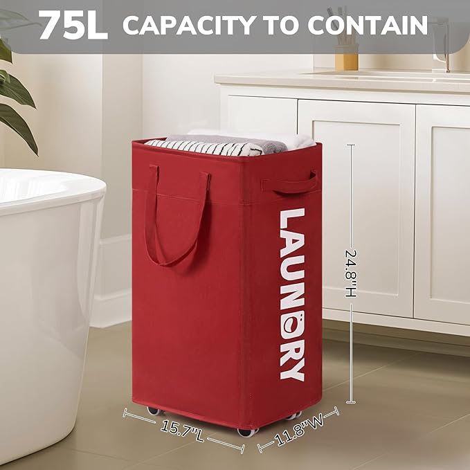 Goodpick Laundry Basket with Wheels,75L Large Roolling Laundry Basket with Removable Wash Bag, Clothes Hamper with Wheels for Laundry Room, Red