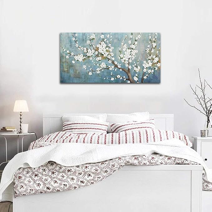 Elegant Flowers Canvas Wall Art - Plum Blossom Pictures for Wall Decor Rustic Turquoise Canvas Painting Nature Printing Artwork for Living Room Bedroom Home Office Wall Decoration 29" x 58"