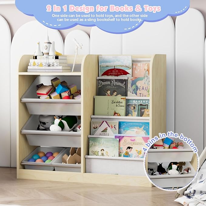 Natural Kids Wood Bookshelf Toy Storage Box Organizer Shelf W/4 Removable Plastic Toy Bins Children Bookcase Toddler Baby Sling Book Rack Cabinet Chest Girl Boy Gift Playroom Classroom Bedroom Nursery
