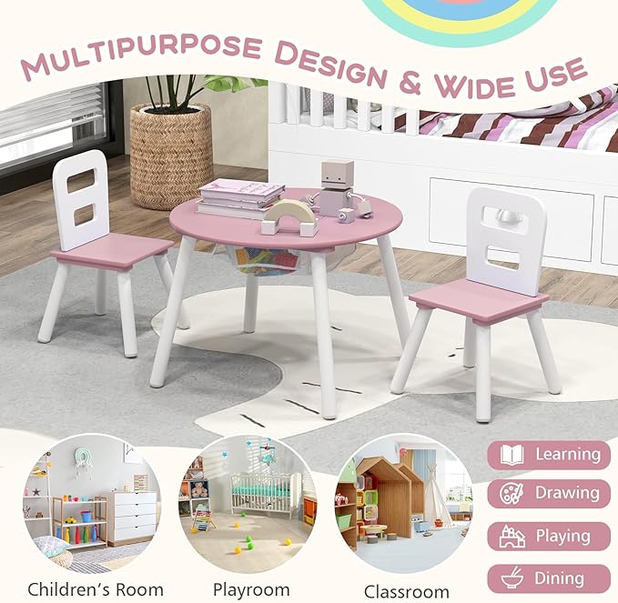 Costzon Kids Table and Chair Set, Wood Activity Table w/Center Mesh Storage, Children Furniture Gift for Boys & Girls, Ideal for Arts, Crafts, Snack Time, Homework, Toddler Table and Chair Set (Pink)