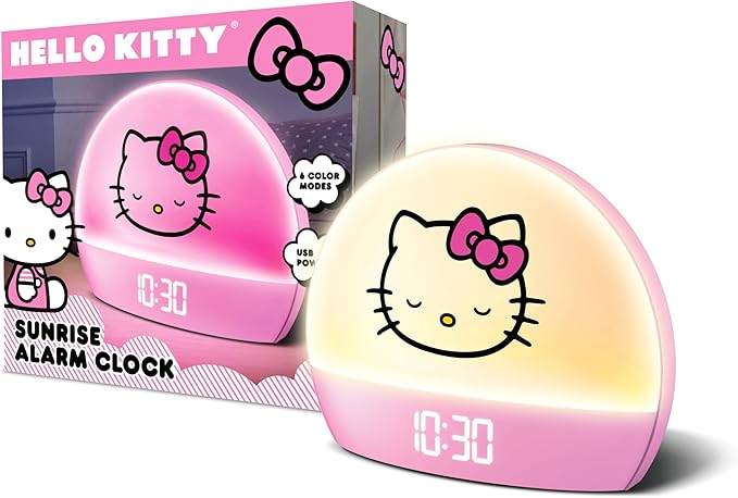 Hello Kitty Sunrise Alarm Clock - Multicolor Lights, USB Charging, LED Display, and Snooze Function Ages, 2 Pack