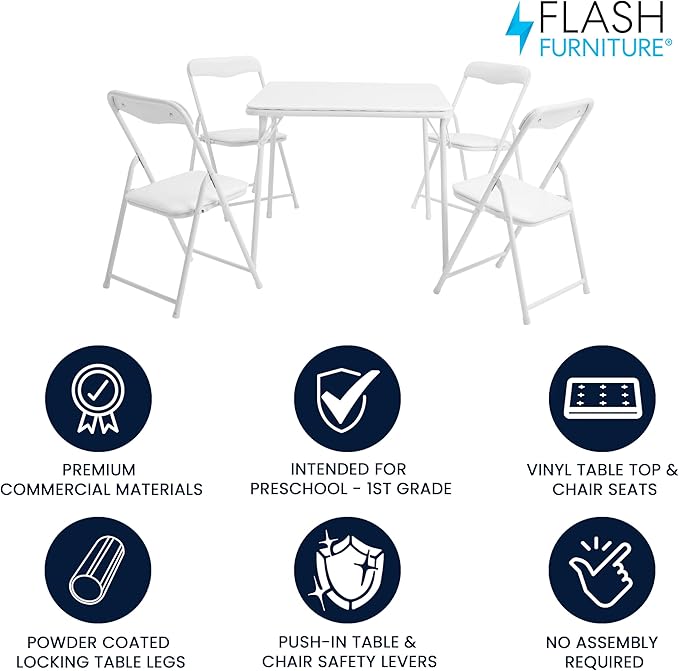 Flash Furniture Mindy Kids 5-Piece Folding Square Table and Chairs Set for Daycare and Classrooms, Children's Activity Table and Chairs Set, White