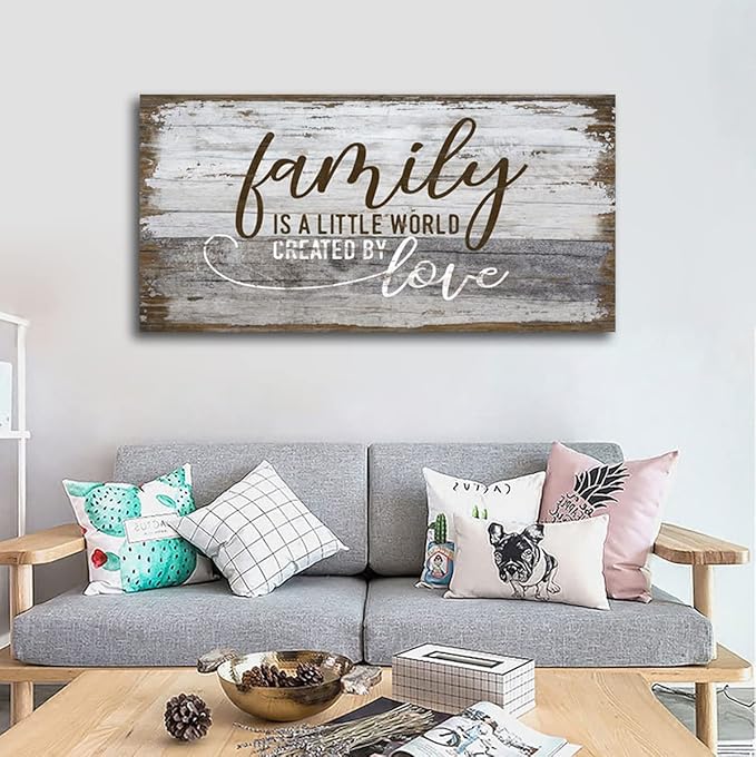 Family Is a Little World Created by Love Canvas Wall Art Rustic Letters Prints Retro Farmhouse Wooden Board Canvas Pictures Wall Decor Vintage Canvas Artwork for Living Room Decoration 24" x 48"