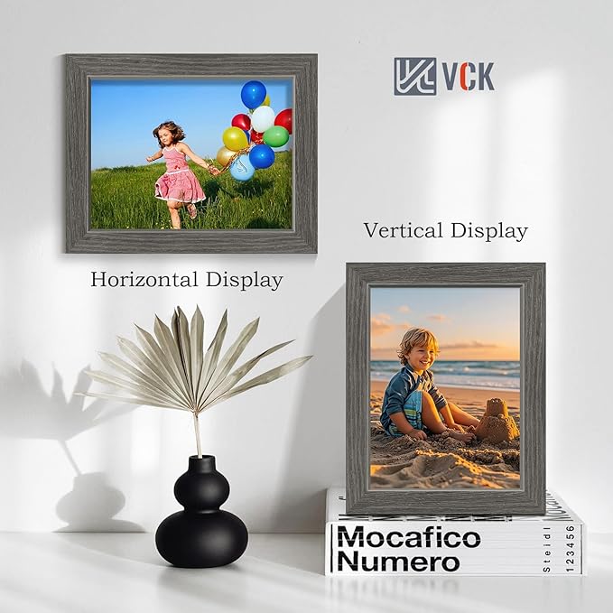VCK 8.5x11 Picture Frame Set of 4 - Grey, Gallery-Quality Wood Poster Frames, 1.1-Inch Wide Border, Polished Plexiglass, Vertical or Horizontal Wall & Tabletop Display for Photo/Art/Prints, Grey