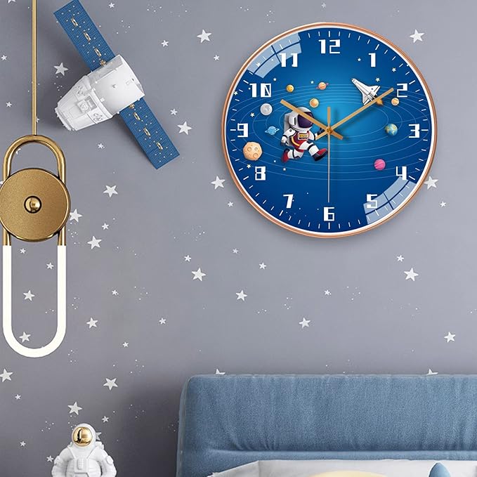 12 Inch Silent Movement Kids Wall Clock, Non Ticking Children Round Wall Clock Battery Operated Space Travel Style Decor Children Clock for Home School Boys Bedroom Living Room (Blue-2)