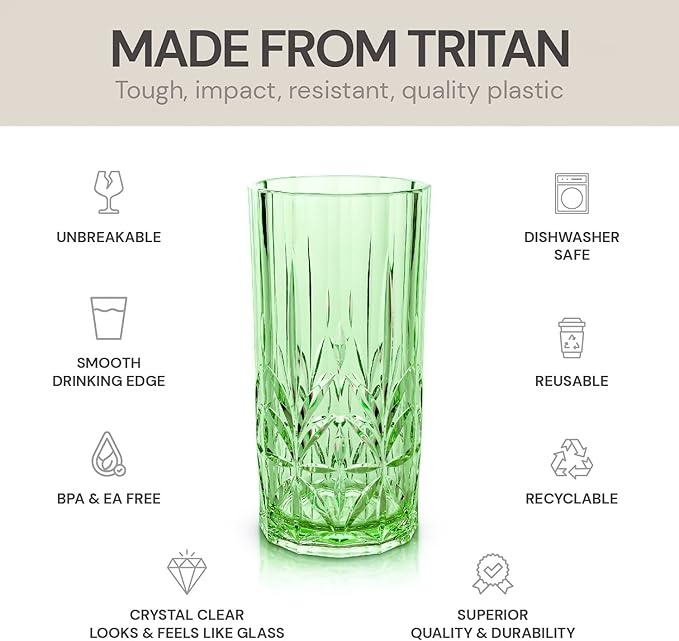 BELLAFORTE Shatterproof Tritan Tall Tumbler, Set of 4, 18oz - Myrtle Beach Drinking Glasses - Unbreakable Plastic Drinking Glasses for Gifting, Parties, New Year - BPA Free - Dishwasher Safe - Green