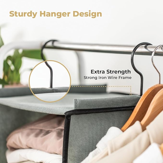 SMIRLY 6 Shelf Hanging Closet Organizer Hanging Shelves, Closet Hanging Organizer with 2 Sturdy Hooks for Wardrobe, Nursery, Storage (Grey, 3 Shelf)