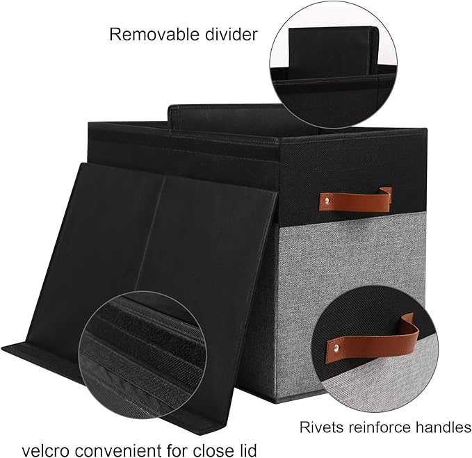 Large Toy Storage Box with Lid, Sturdy Toys Storage Chest Bin Organizer Basket with Dividers for Kids, Boys, Girls, Nursery, Closet, Bedroom, Playroom 25"x13" x16" (Black and Grey)