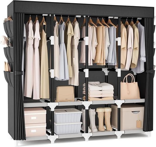 VTRIN Wardrobe Closet, 25mm Steel Tube Sturdy Portable Closet for Hanging Clothes, 67.3 Inch Portable Closet Wardrobe with Cover, 4 Hanging Rods, 8 Shelves, Free Standing Clothes Rack for Bedroom
