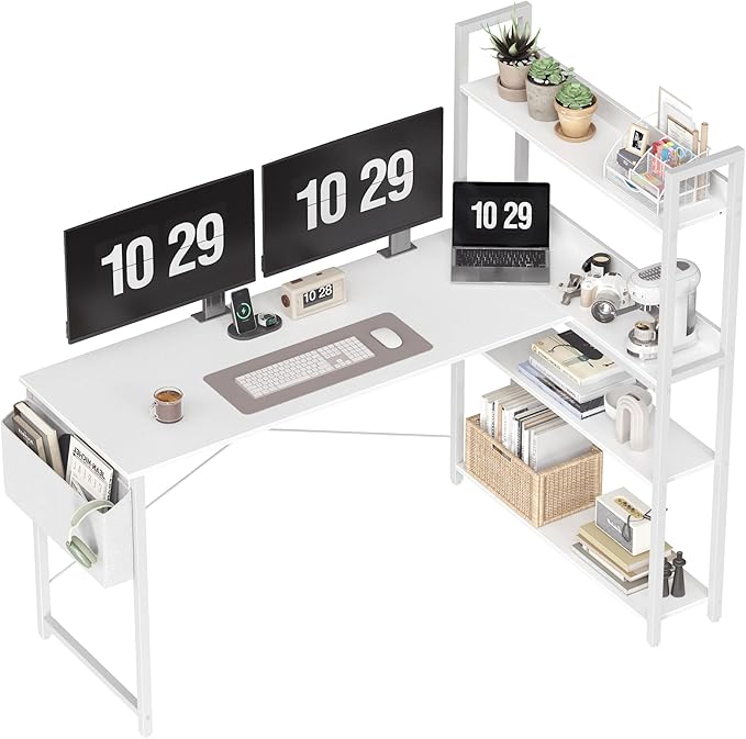 Treesland 55 Inch Computer Desk with Bookshelf, Corner Desk with Storage, L Shaped Desk, Home Office Desks, Writing Study Desk for Bedroom, White