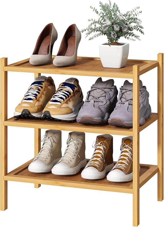 Small Shoe Rack, Bamboo Wood Shoe Rack for Entryway, Stackable | Foldable | Natural, 3-Tier Shoe Organizer for Hallway Closet, Free Standing Shoe Racks for Indoor & Outdoor