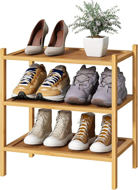 Small Shoe Rack, Bamboo Wood Shoe Rack for Entryway, Stackable | Foldable | Natural, 3-Tier Shoe Organizer for Hallway Closet, Free Standing Shoe Racks for Indoor & Outdoor