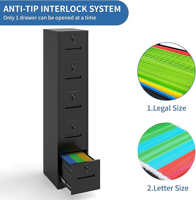 5 Drawer File Cabinet with 5 Individual Locks, Vertical Metal Filing Cabinet Home Office Narrow Locking File Cabinets for A4/Legal/Letter File Folders, Anti-Tilt Design, Need Assemble (Black)