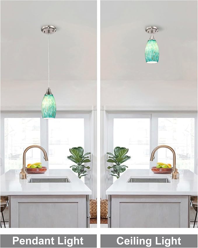 Mini Pendant Lights Kitchen Island Hand Blown Aqua Glass Pendant Light with Brush Nickel Finish Adjustable Cord for Kitchen Over Sink,Hallway,Dining Room,Stairs Way