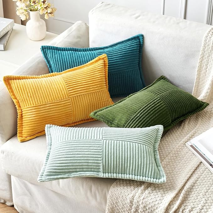 MIULEE Decorative Lumbar Throw Pillow Covers for Couch Bed Livingroom 12x20 Inch Set of 2 Light Green Boho Accent Throw Pllows Broadside Striped Patchwork Soft Corduroy Summer Pillowcases