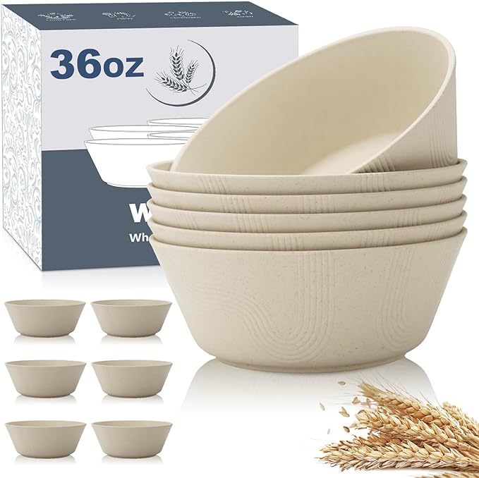 Wheat Straw Bowl Sets with Textured Pattern,6 PCS Unbreakable Cereal Bowl 36 OZ,Microwave and Dishwasher Safe Bowls,Soup Bowl Sets BPA Free for Salad (Beige