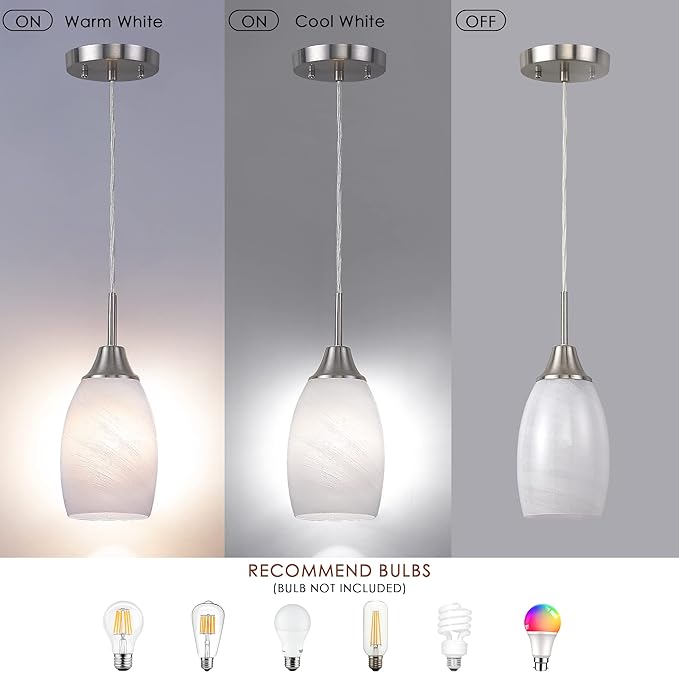 Mini Glass Pendant Light 1-Light with Handblown White Swirl Art Glass Adjustable Cord Brushed Nickel Finish 4.72" Modern Hanging Pendant Light for Kitchen Dining Room Living