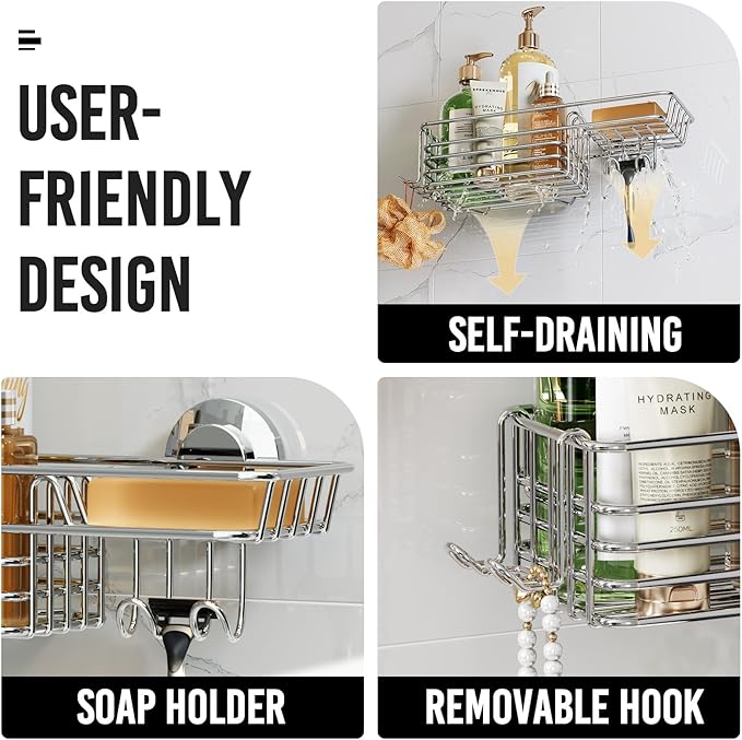 LEVERLOC Shower Caddy Suction Cup, Shelves for Inside with Hooks & Soap Holder Toothbrush Holder, NO-Drilling Bathroom Organizer, Rustproof Holder Storage, Silver