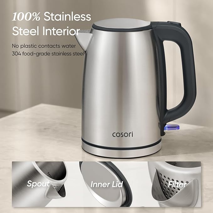 COSORI Electric Kettle, Stainless Steel Tea Kettle, Plastic-free Inner Lid, Filter and Spout, Easy to Clean, Automatic Shut Off & Boil-Dry Protection, Hot Water Boiler & Heater, 1.7L, 1500W