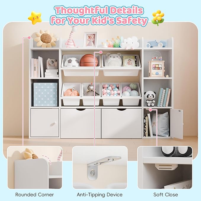 Xilingol Kids Toy Storage Organizer W/6 Removable Toy Bins, 4-Tier Toy Organizers W/6 Storage Cubbies and 2 Movable Drawers, Kid Bookshelf and Toy Storage for Playroom, Bedroom, Kids Room (White)