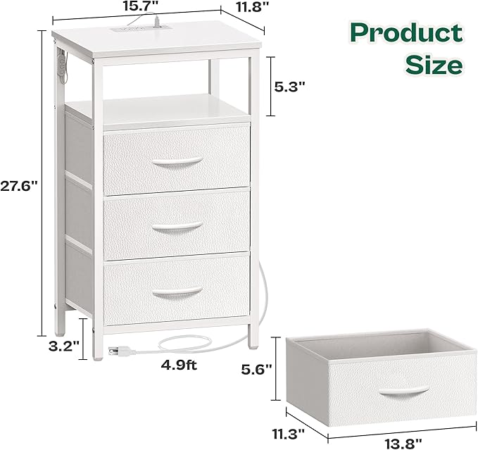 Huuger Night Stand with Charger Station and LED Lights, 3 Drawer Nightstand, Bed Side Table with Open Shelf, End Table, Tall Fabric Dresser for Bedroom, PU Leather, White