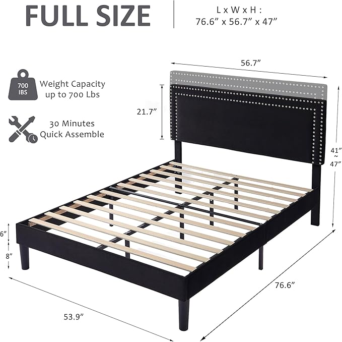 VECELO Full Size Platform Bed Frame with Adjustable Upholstered Headboard, Modern Mattress Foundation,Strong Wood Slat Support, No Box Spring Needed, Easy Assembly